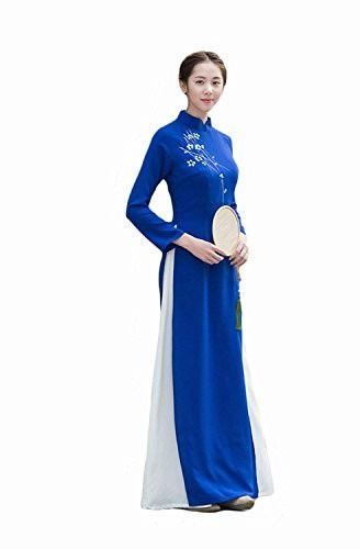 ベトナム 民族 衣装　アオザイ風ロングドレス 白いインナードレス付きの二重ドレス (M)